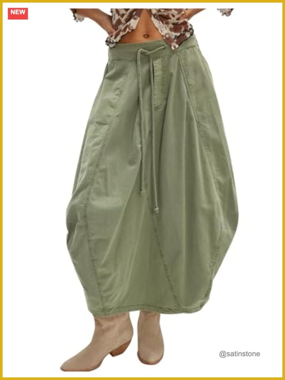 Cotton Cargo Maxi Skirt Drawstring Bubble Parachute Skirt with Pockets